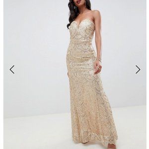 Gold embellished strapless gown w/ sweetheart neck